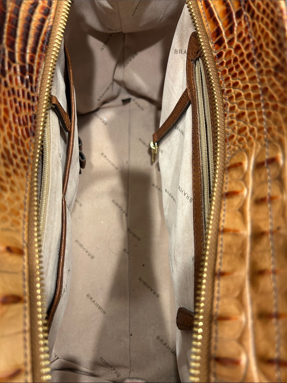 Brahmin Cognac Brown Leather Satchel with Croc-Embossed Trim and Gold Hardware. - Picture 5 of 6